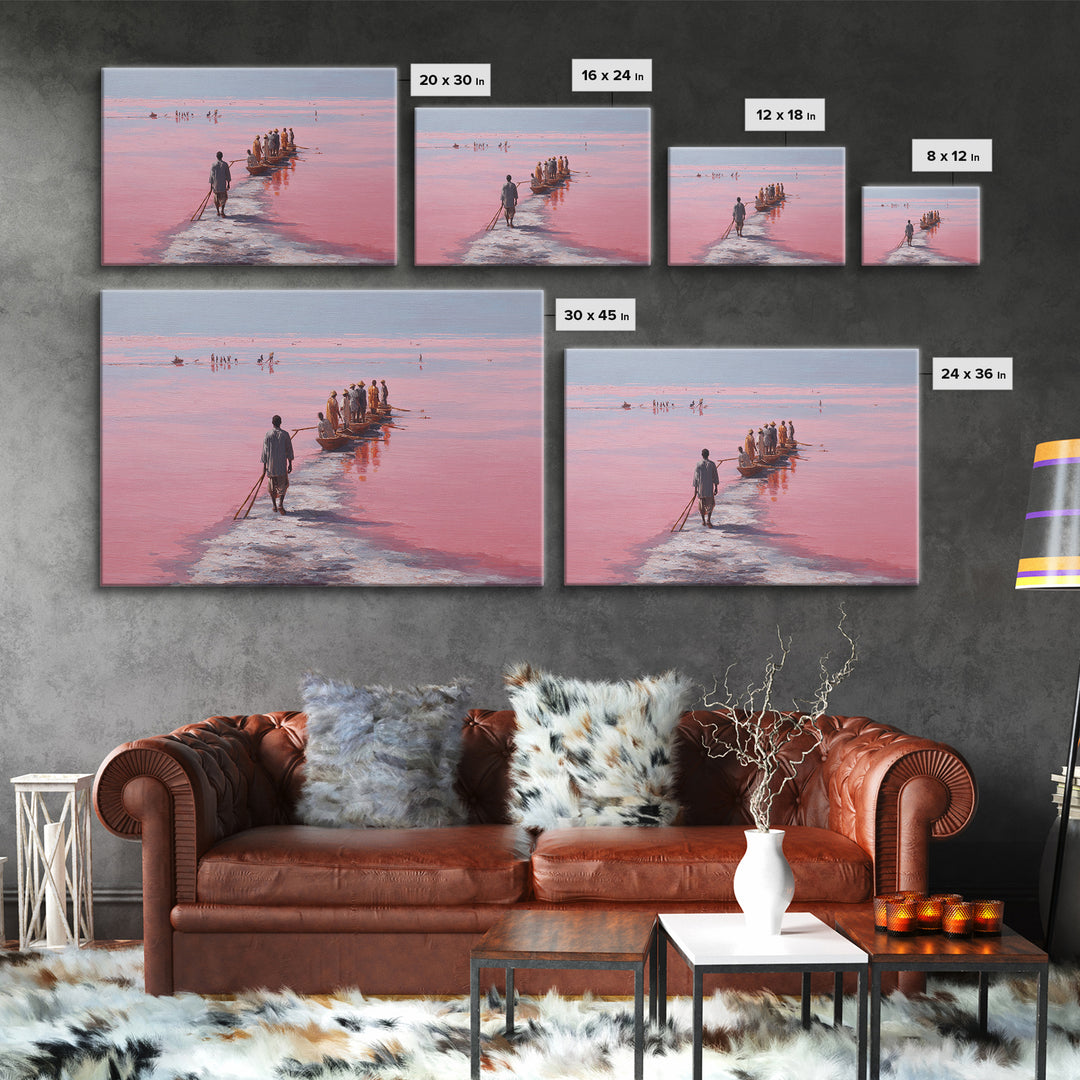 Pink Salt Lake Fishermen And Boats Wall Art, African Landscape, Senegal Travel Poster, Coastal Fishing Decor, Large Canvas