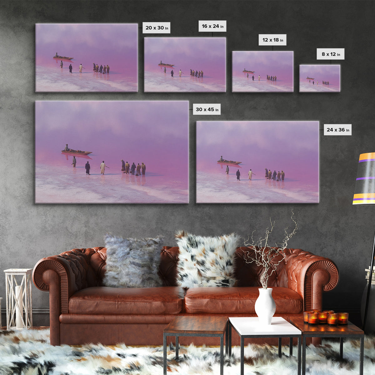 Purple Pink Salt Lake Boat Scene Wall Art, African Landscape, Coastal Travel Poster, Cultural Home Decor, Large Canvas Print