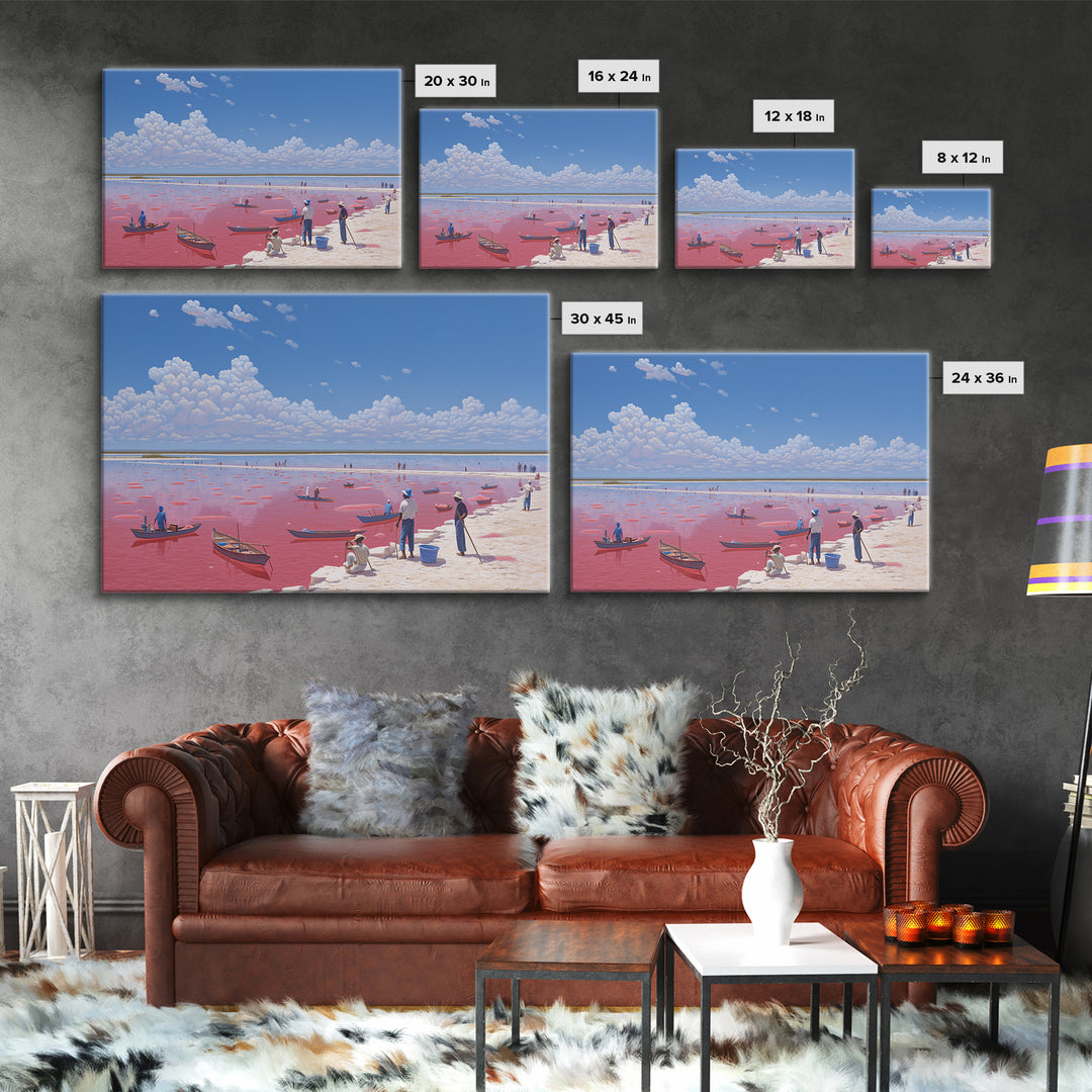 Vibrant Pink Lake Boats Under Clouds Framed Canvas Print, African Landscape, Senegal Travel Poster, Coastal Wall Decor Gift