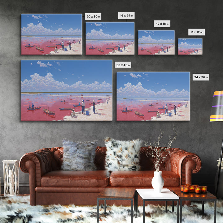 Vibrant Pink Lake Boats Under Clouds Framed Canvas Print, African Landscape, Senegal Travel Poster, Coastal Wall Decor Gift