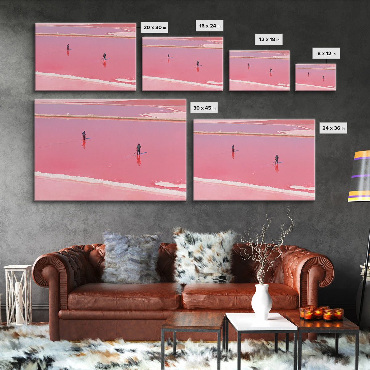 Two Figures Walking Pink Salt Flats Wall Art, Minimalist African Landscape, Dreamy Pink Decor, Modern Coastal Canvas Print