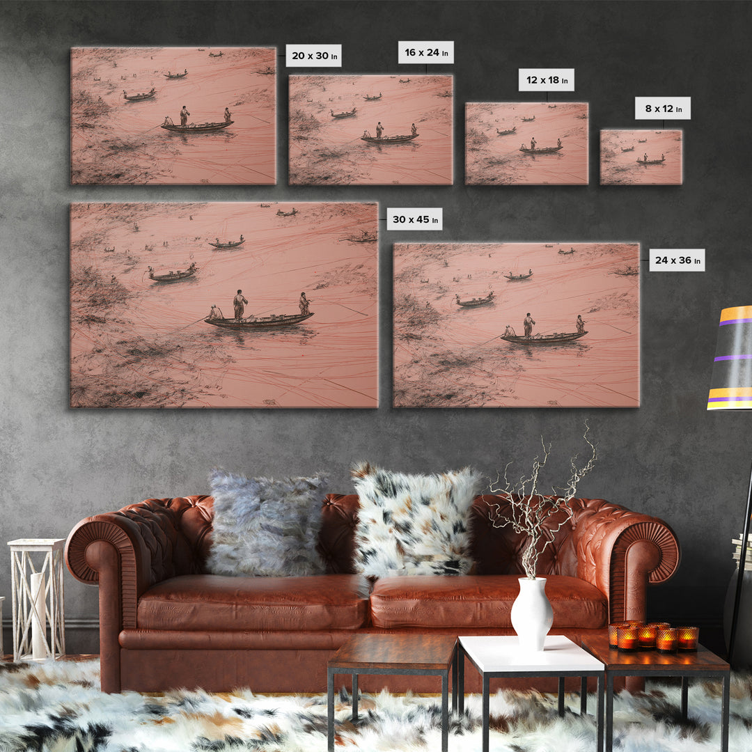 Aerial Pink Salt Lake Boats And Tracks Wall Art, African Landscape, Minimalist Coastal Poster, Earth Tone Canvas Print Decor