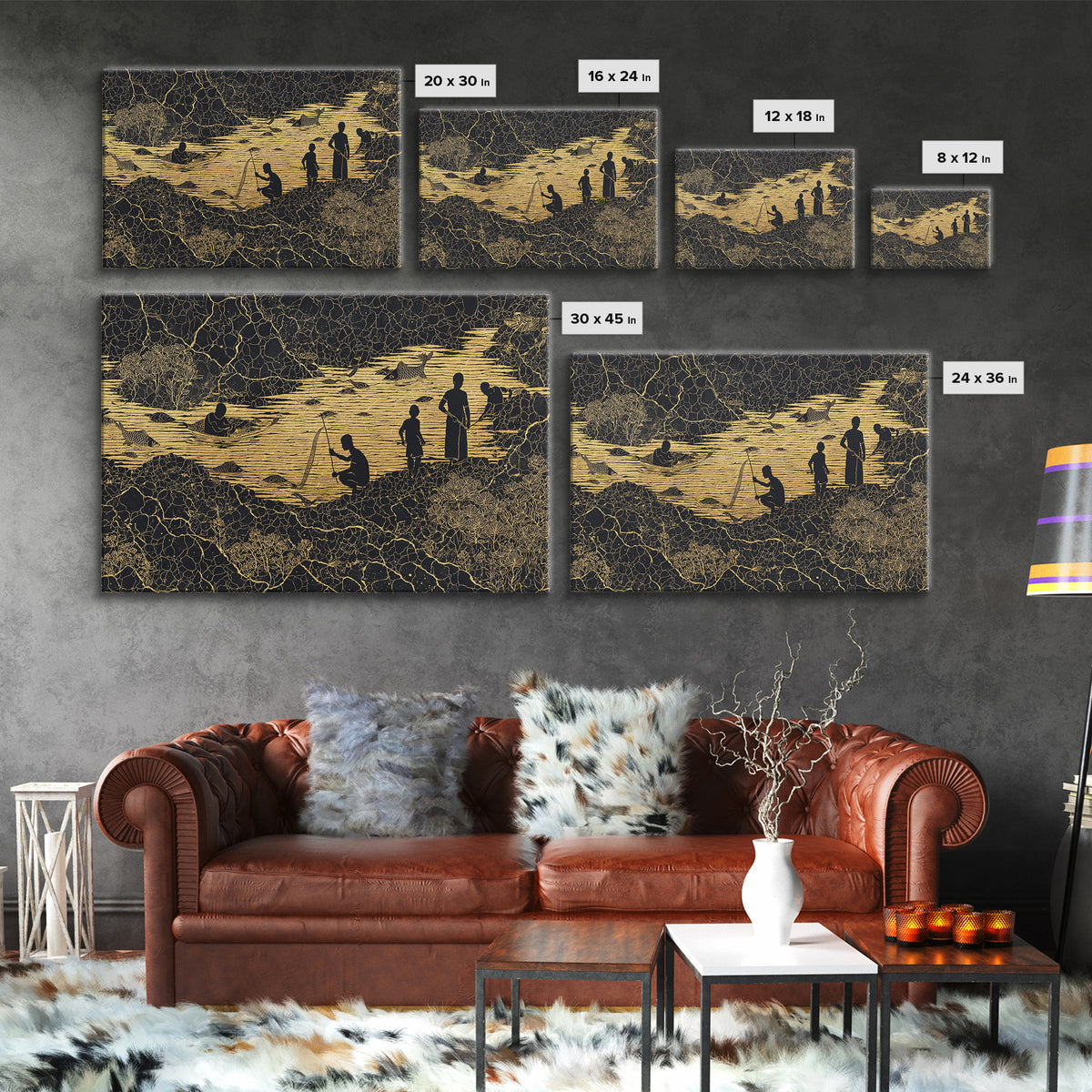 Golden River Village Silhouettes Wall Art, African Wall Art, Black Culture Art, Tribal Landscape, Cultural Home Decor Gift