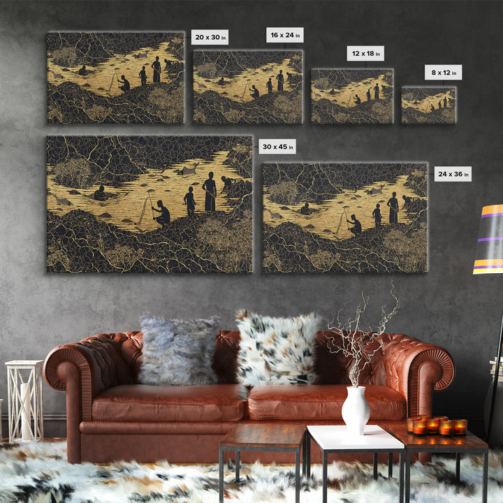Golden River Village Silhouettes Wall Art, African Wall Art, Black Culture Art, Tribal Landscape, Cultural Home Decor Gift