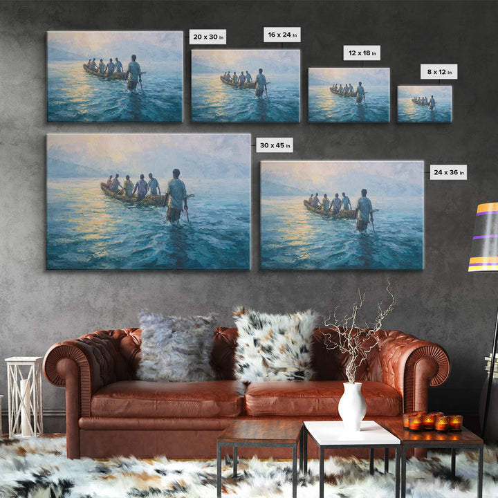 Blue Lake Fishermen In Canoe Canvas Print, African Art Print, Coastal Water Painting, Living Room Decor, Unique Canvas Gift