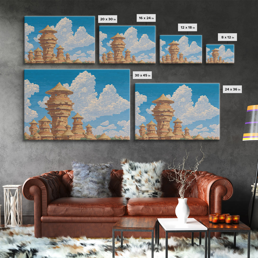 Sunlit African Village Towers Canvas Print Traditional African Architecture Wall Art Earth Tone Safari Decor Cultural Art Print