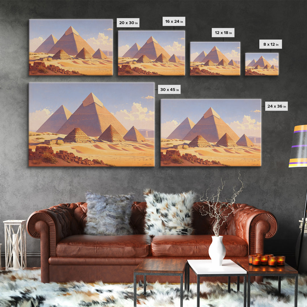 Warm Sunset Egyptian Pyramids Framed Canvas Print African Egyptian Art Ancient Desert Landscape Wall Decor Travel Poster Gift