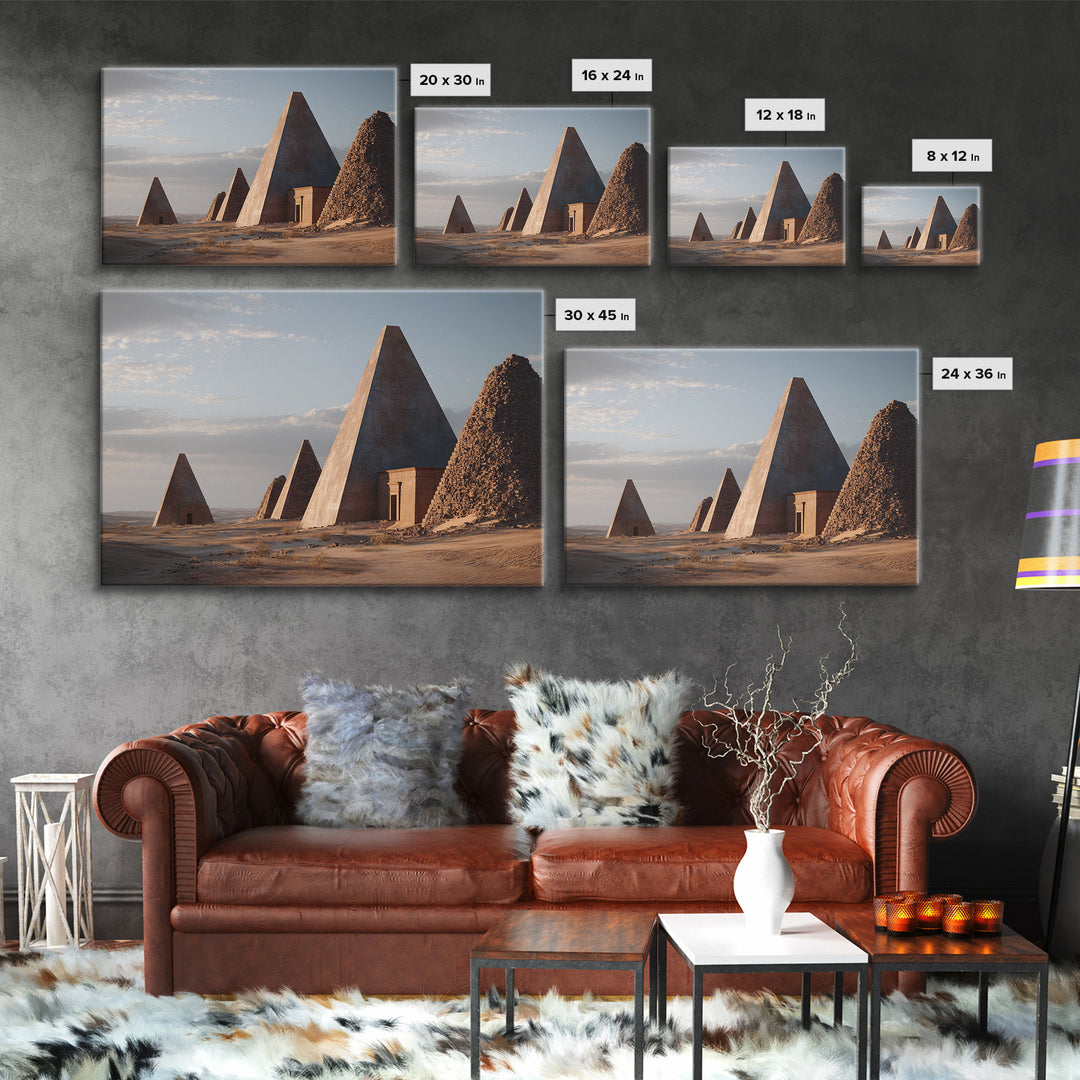 Monumental Nubian Pyramids In Desert Framed Canvas Print, Ancient African Art, African Landscape, Cultural Wall Decor, Home Decor Gift