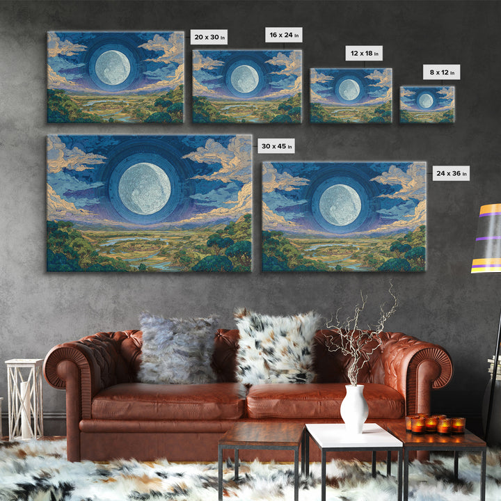 Giant Moon Over River Valley Canvas Print, Dreamy Wall Art, Nature Scene Art, Blue And Green Decor, Landscape Wall Decor