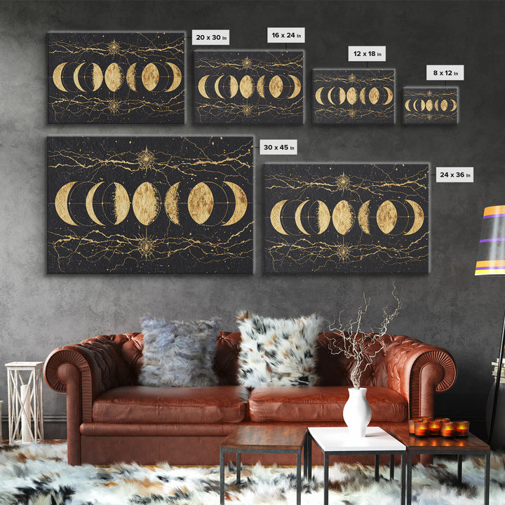Gold Moon Phase Celestial Wall Art, Black Marble Lunar Decor, Mystical Astronomy Print, Boho Spiritual Home Decor Gift For Her