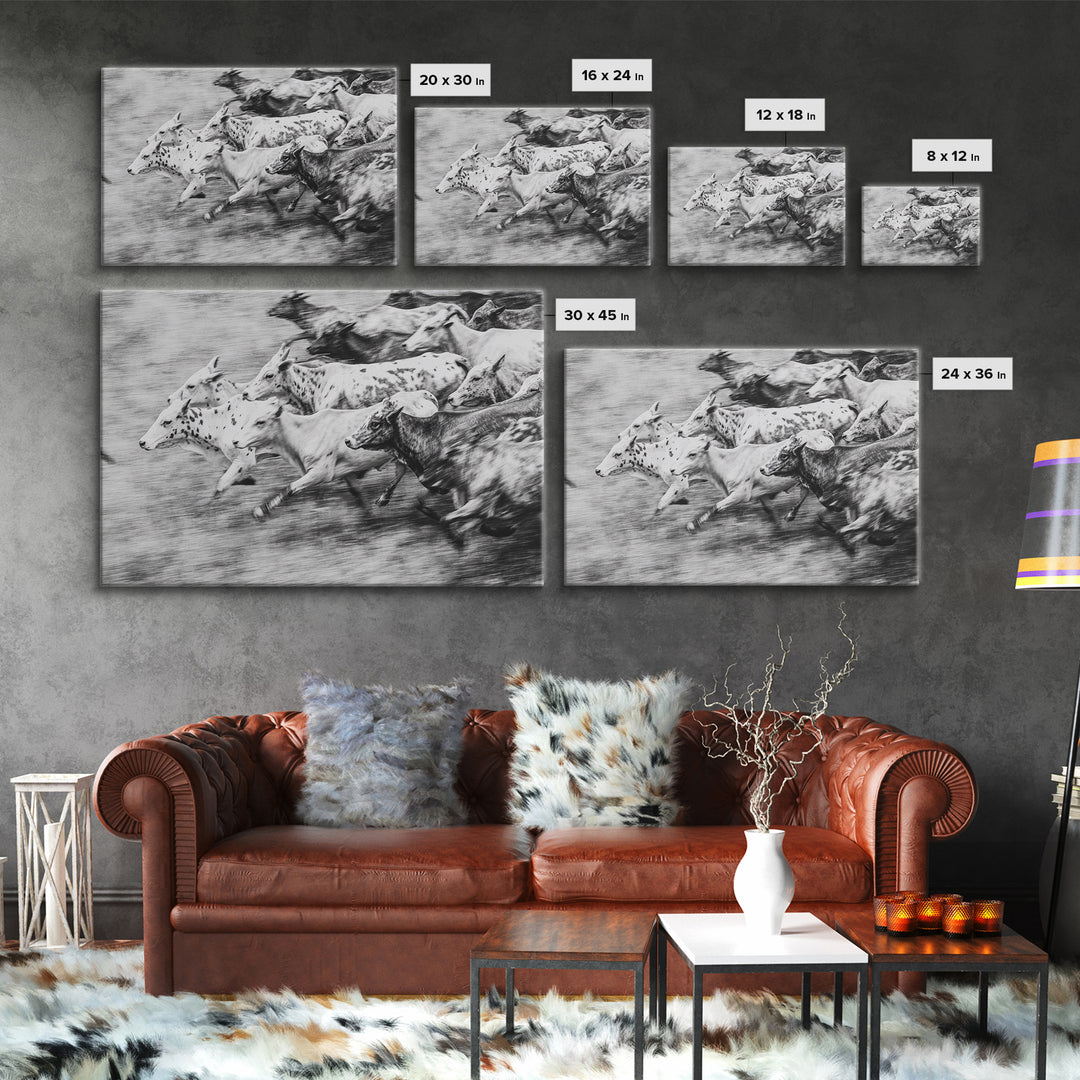 Black And White Running Cattle Wall Art, African Safari Animal Print, Rustic Farmhouse Decor, Western Herd Canvas Artwork