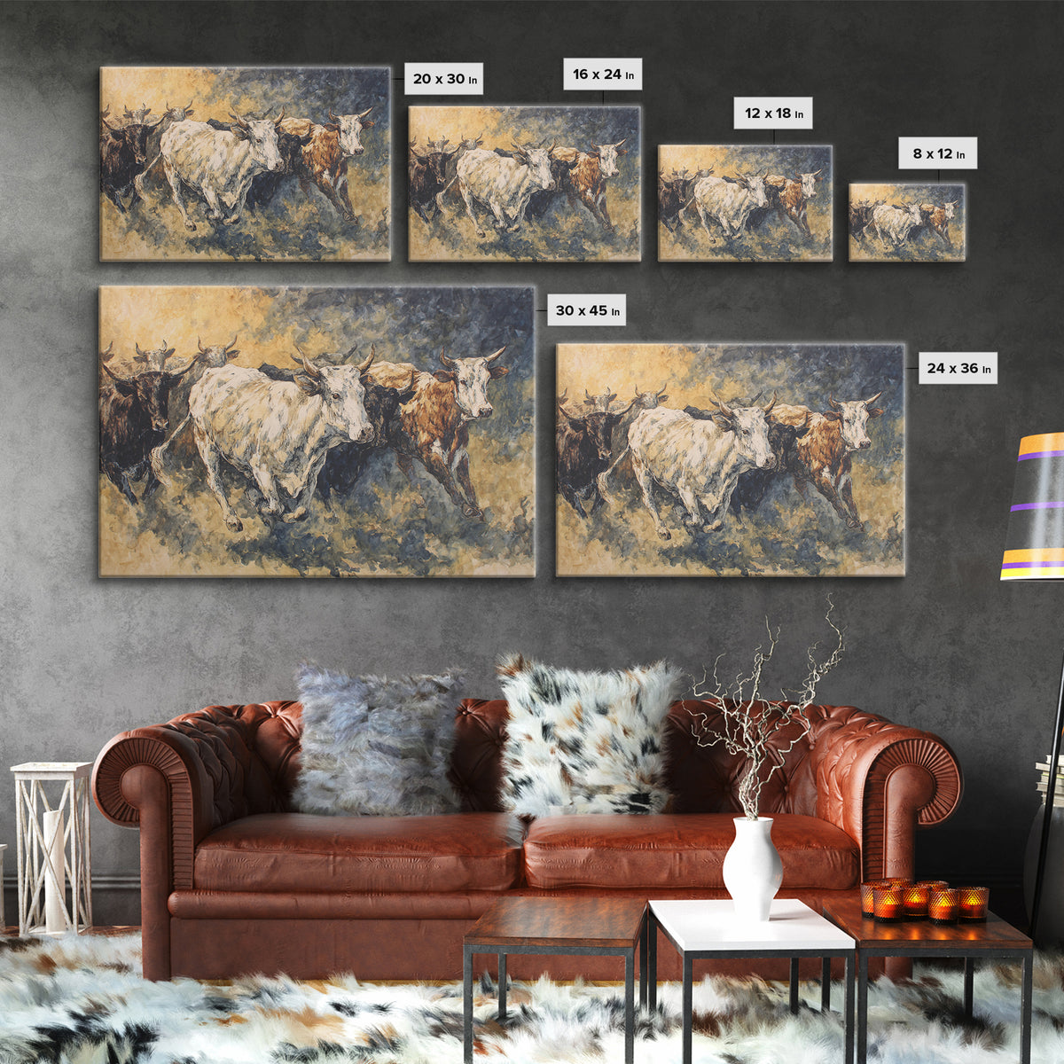Galloping Longhorn Cattle Canvas Print, African Safari Wall Decor, Rustic Animal Painting, Earth Tone Statement Artwork Gift