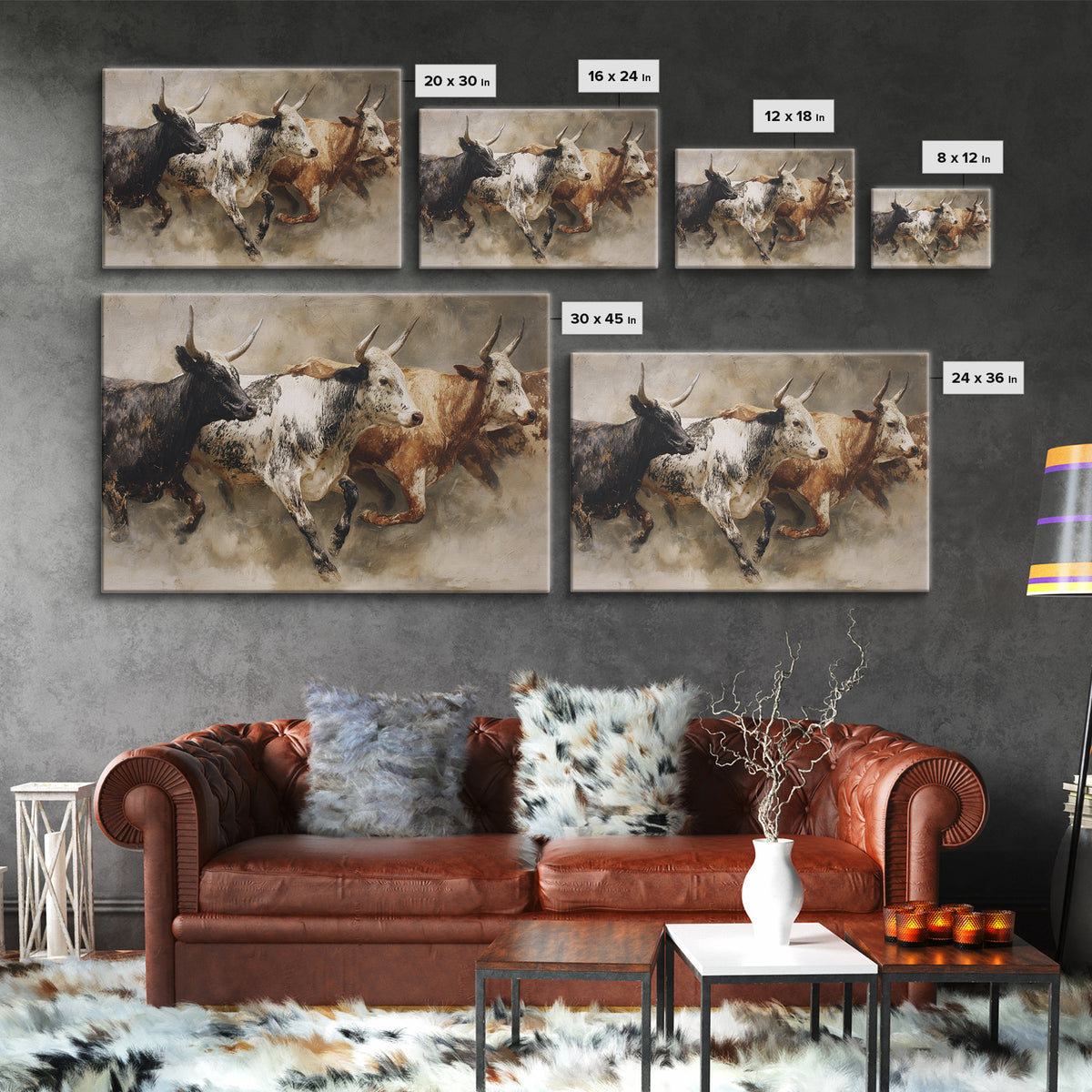 Three Longhorn Bulls In Motion Framed Canvas Print, African Safari Decor, Rustic Western Animal Wall Art For Living Room