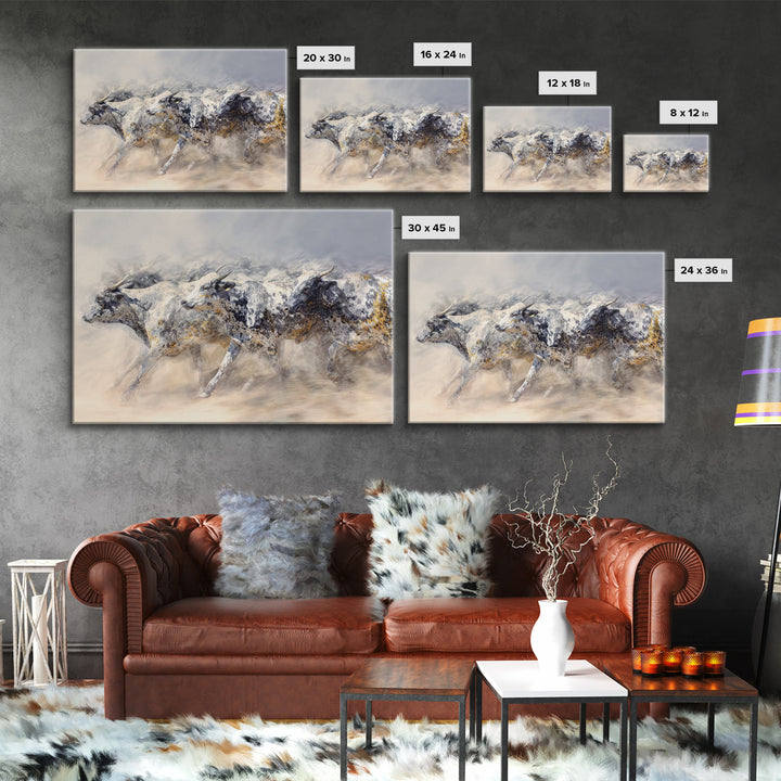 Dusty Spotted Bulls Racing Across Plain Canvas Print, African Safari Animal Art, Neutral Earth Tone Wall Decor Gift For Home