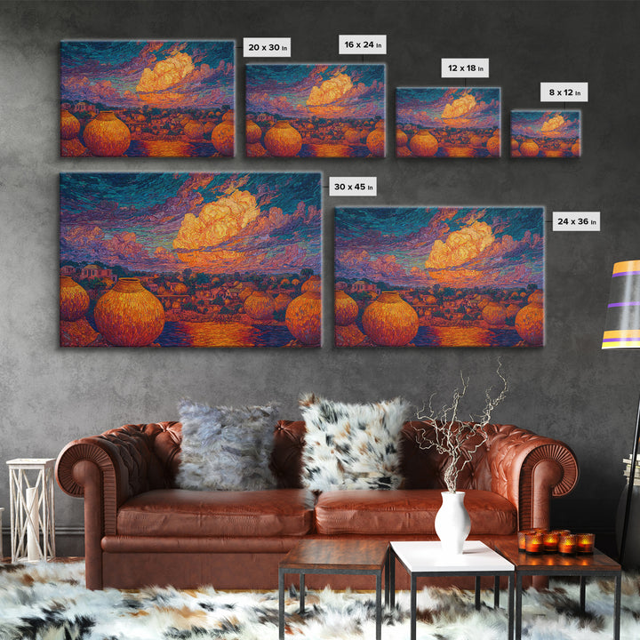 African Village Sunset With Clay Pots Wall Art, Colorful Landscape Print, Afrocentric Home Decor, Motherland Culture Art