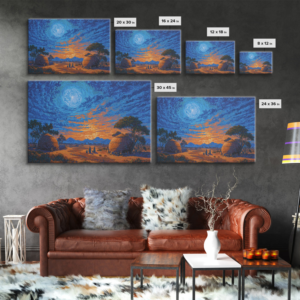 Moonlit African Village Landscape Wall Art, Blue Sunset Safari Decor, Motherland Hut Print, Serene Nature Scene Art Gift For Home