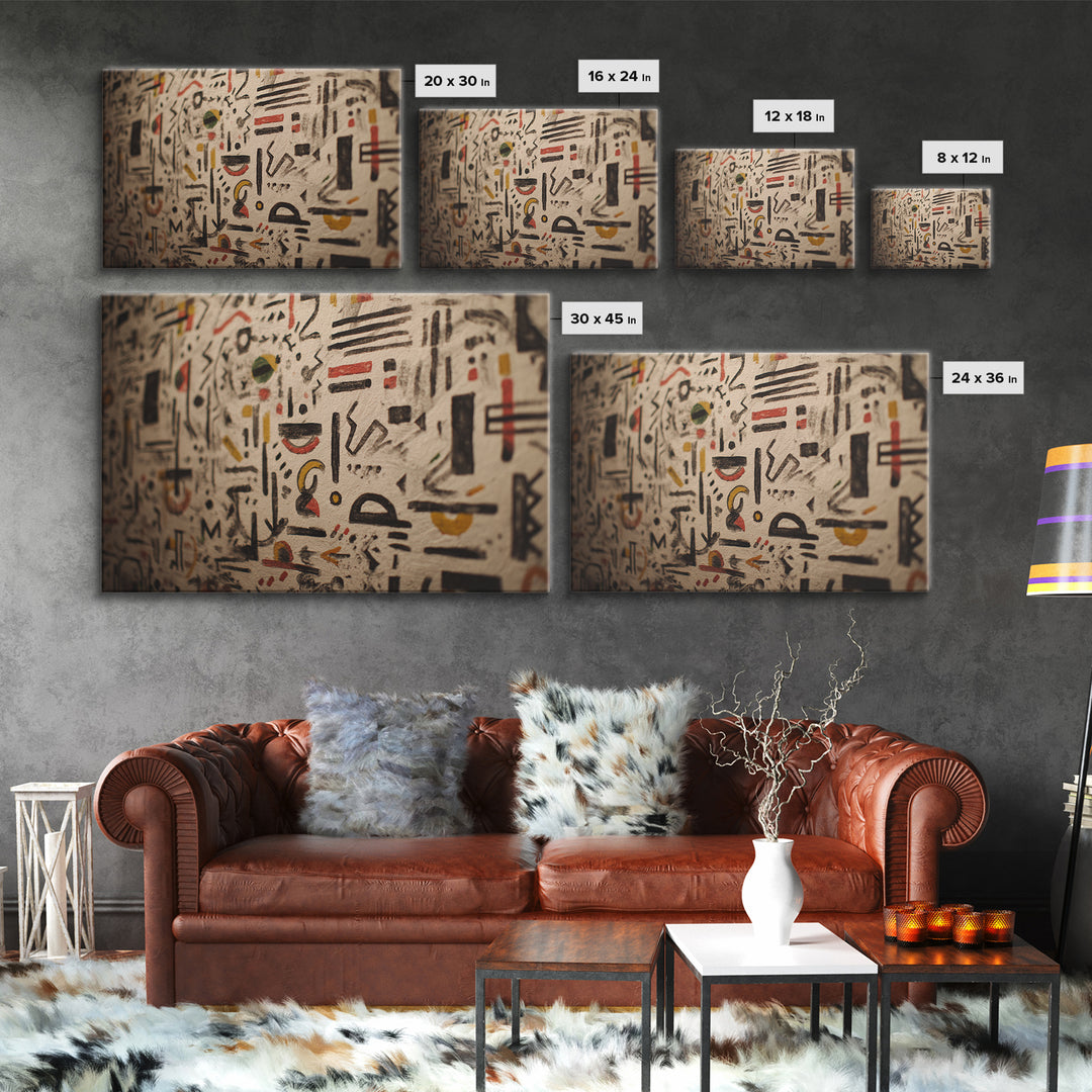 Ancient Painted Glyphs On Textured Cloth Canvas Print, African Patterns Wall Decor, Tribal Abstract Art, Cultural Home Decor