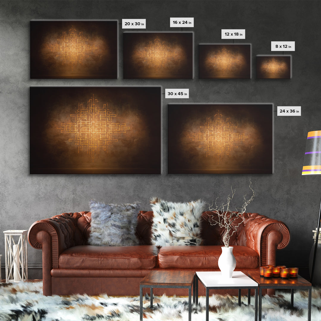 Glowing Gold Geometric Totem Canvas Print, African Abstract Wall Decor, Spiritual Symbol Art, Warm Brown Luxury Home Decor
