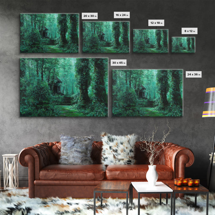 Emerald Forest Ruins And Stone Steps Canvas Print, African Landscape Wall Decor, Mystical Jungle Art, Dreamy Green Home Decor