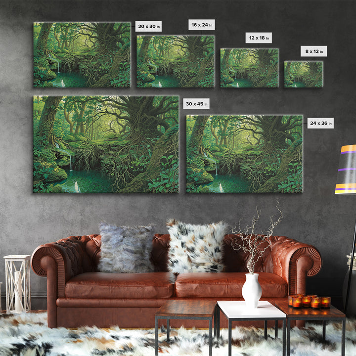 Ancient Emerald Forest Creek And Twisted Roots Wall Art, Green Nature Landscape Canvas, Mystical Jungle Home Decor For Living Room