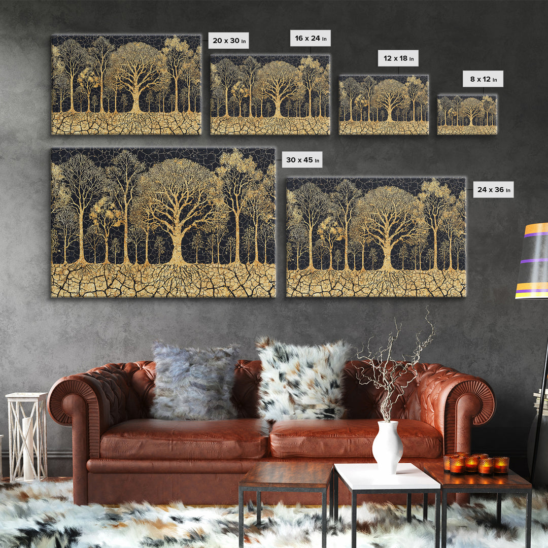 Golden Baobab Tree Grove On Black Cracked Earth Canvas Print, African Tree Inspired Abstract Wall Decor, Luxury Home Art