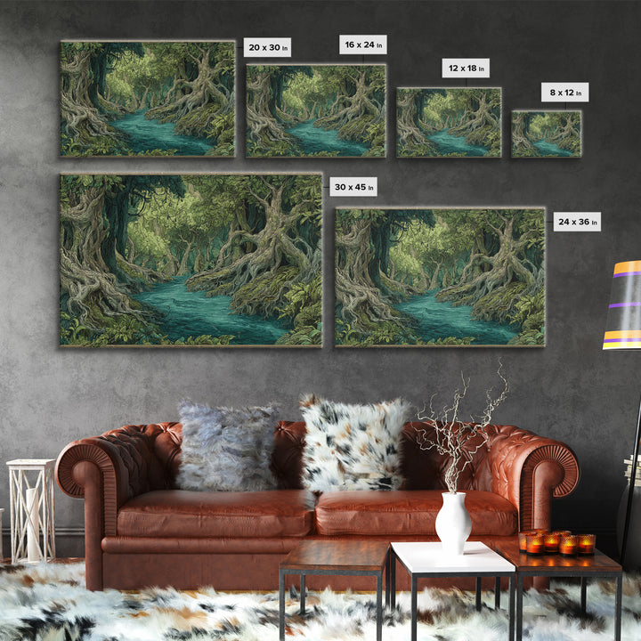 Enchanted River Forest With Ancient Roots Framed Canvas Print, Green Jungle Landscape Wall Decor, Mystical Nature Artwork