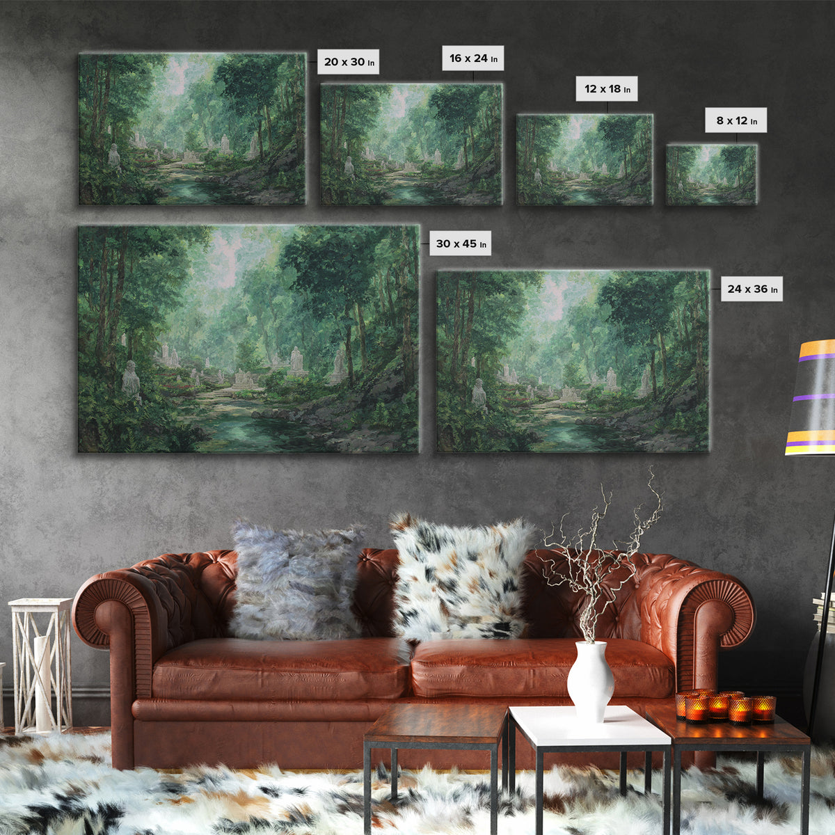 Misty Forest Ruins With Statues And Stream Wall Art, Green Nature Landscape Painting, Dreamy Garden Decor For Living Room