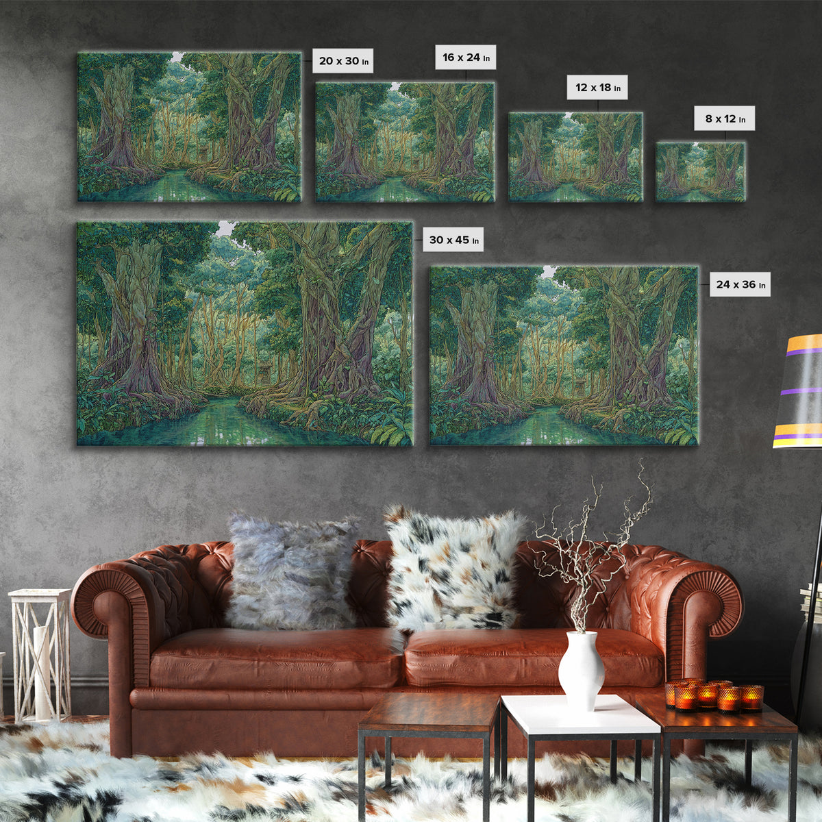 Lush Jungle River Between Towering Trees Canvas Print, Green Nature Landscape Wall Decor, Boho Tropical Living Room Art Print