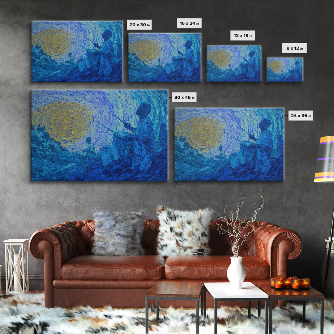 Blue African Drummers Beneath Swirling Sun Canvas Print, Tribal Music Wall Art, Afrocentric Decor, Cultural Home Gift For Him