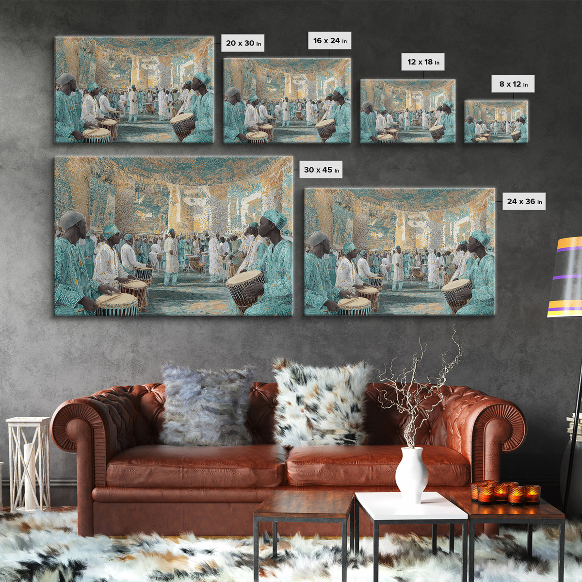 Turquoise African Drum Ceremony In Ornate Hall Framed Canvas Print, Afrocentric Wall Art, Cultural Decor, Luxury Home Gift