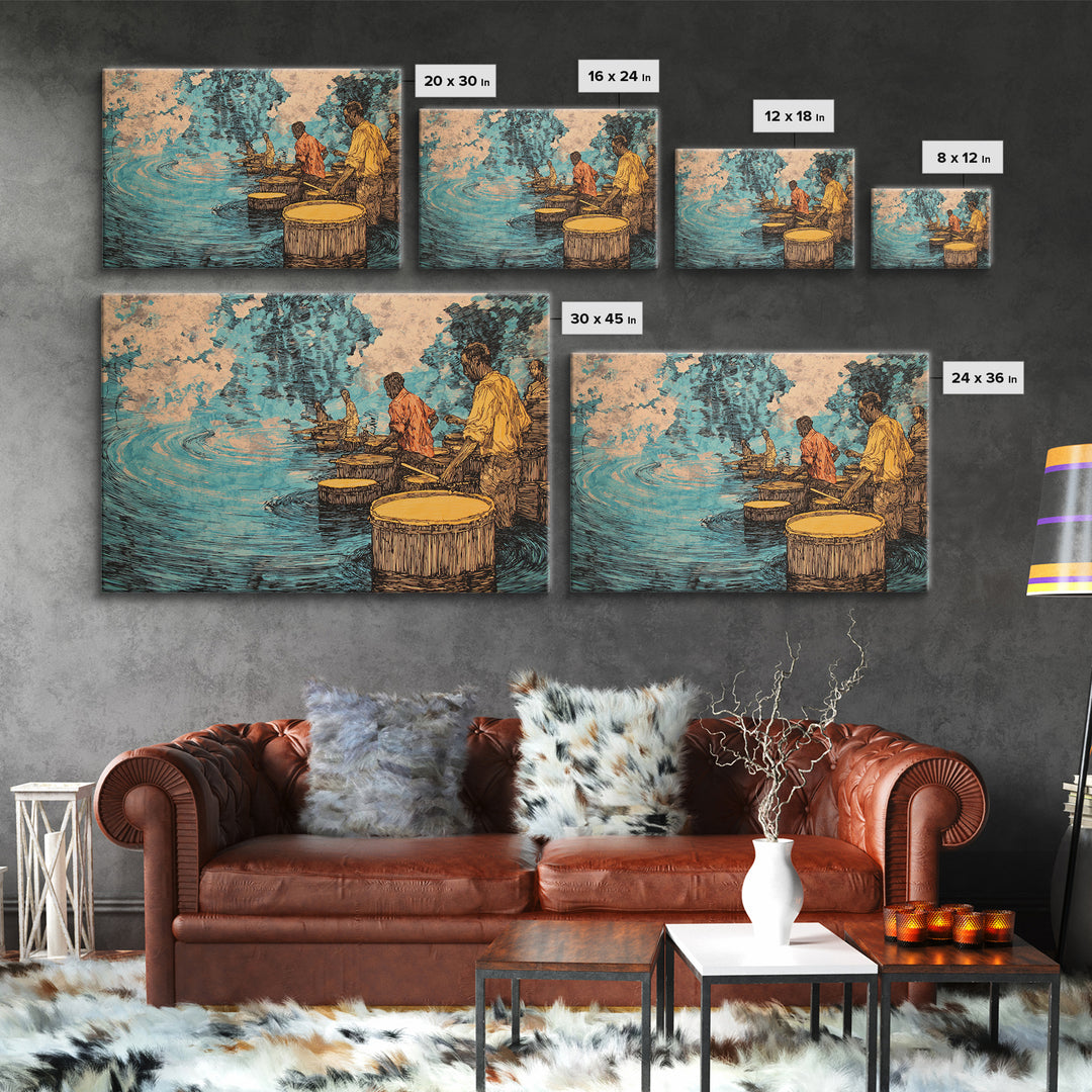 Waterside African Drummers With Blue Reflections Canvas Print, Afrocentric Music Art, Cultural Wall Decor, Unique Home Decor Gift