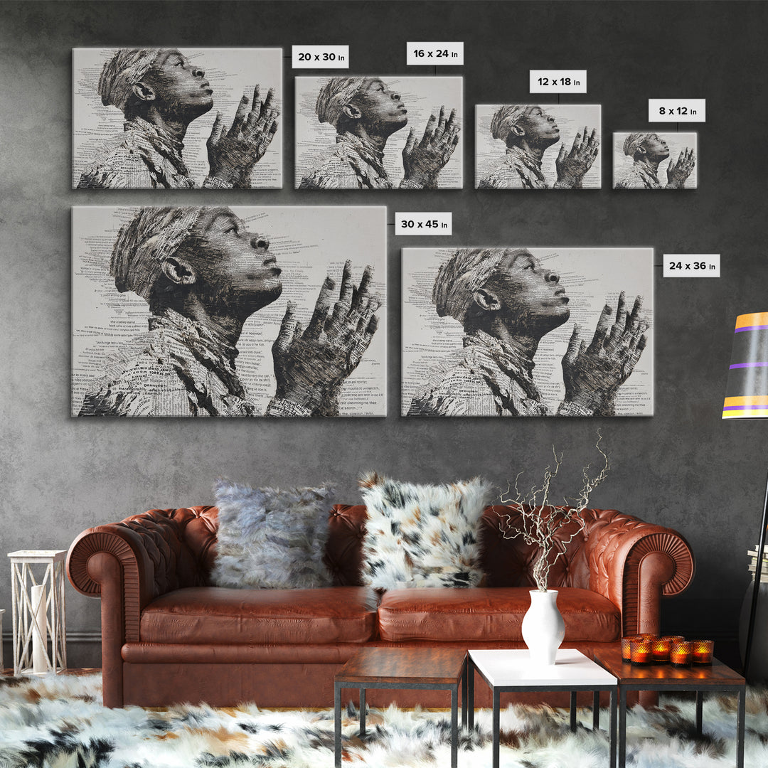 Praying Black Woman In Typography Portrait Wall Art, Spiritual Wall Decor, African American Art, Empowerment Gift For Her