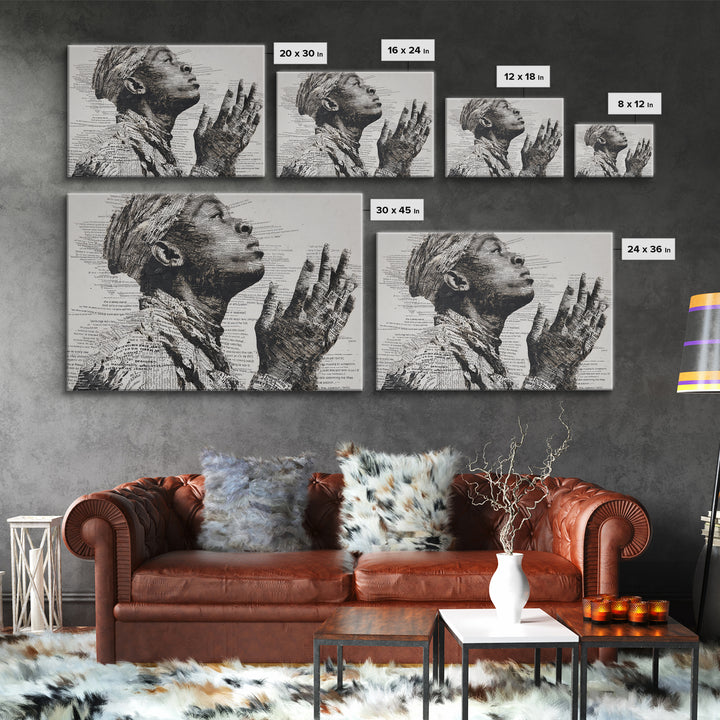 Praying Black Woman In Typography Portrait Wall Art, Spiritual Wall Decor, African American Art, Empowerment Gift For Her