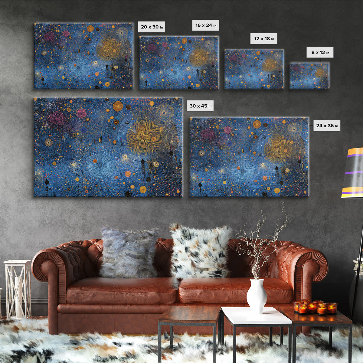 Blue Celestial Dot Pattern Canvas Print, Abstract African Art, Cosmic Tribal Wall Decor, Modern Cultural Home Decor Accent