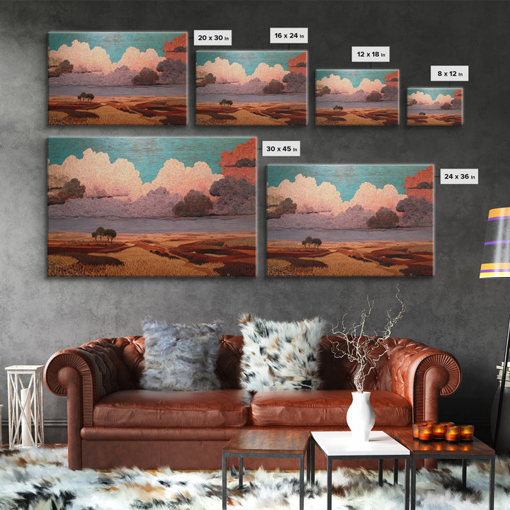 Dreamy African Savanna Landscape Canvas Print, Pink Cloud Sunset Wall Decor, Earth Tone Nature Scene Art For Living Room Gift