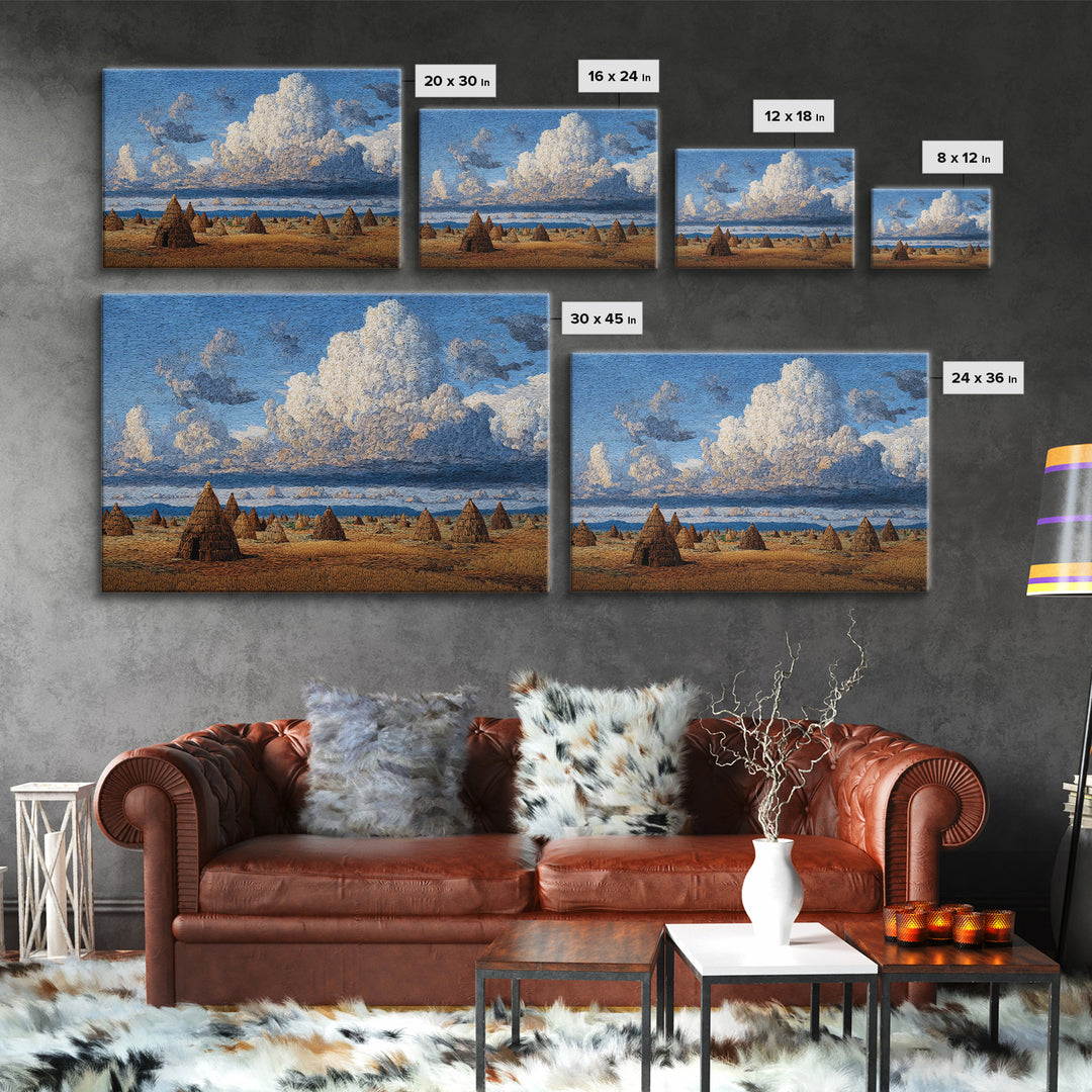 Coastal African Village Huts Wall Art, Blue Sky Landscape Painting, Cultural Safari Decor, Rustic Home Canvas Print Gift