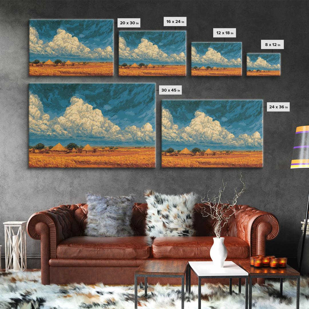 Golden African Village Landscape Framed Canvas Print, Dramatic Cloud Wall Decor, Safari Art For Warm Boho Home Decor Gift