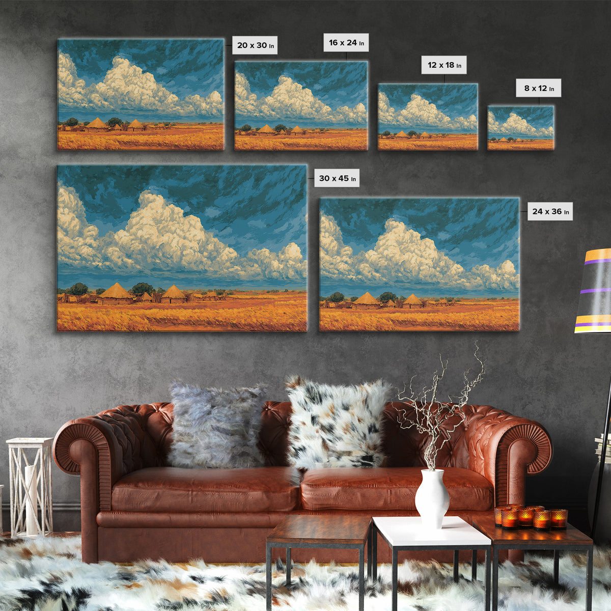 Golden African Village Landscape Framed Canvas Print, Dramatic Cloud Wall Decor, Safari Art For Warm Boho Home Decor Gift