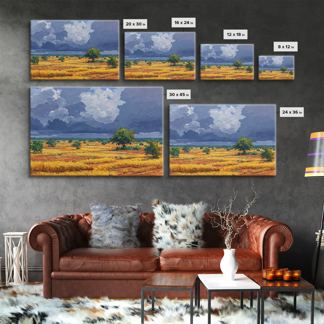Golden African Plains Under Storm Clouds Canvas Print, Savanna Landscape Wall Art, Safari Decor, Modern Home Decor Gift For Him