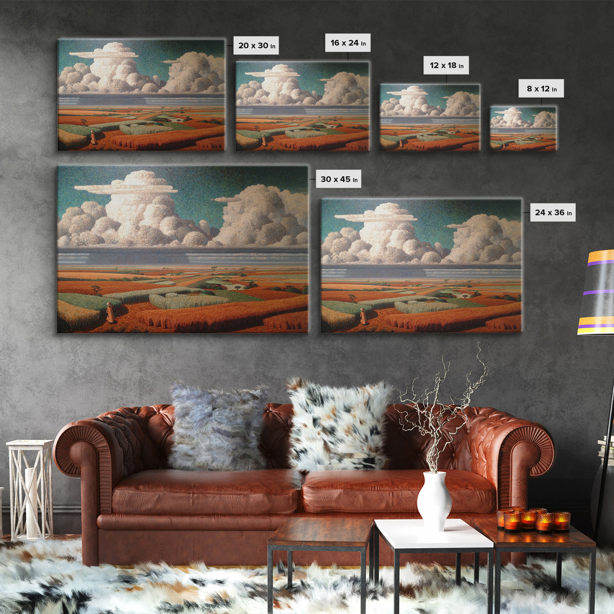 Patchwork Fields And Giant Clouds African Wall Art, Cultural Landscape Canvas Print, Earth Tone Decor, Unique Home Decor
