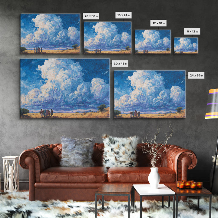 Maasai Figures Beneath Towering Blue Clouds Wall Art, African Landscape Canvas Print, Cultural Art, Living Room Decor Gift