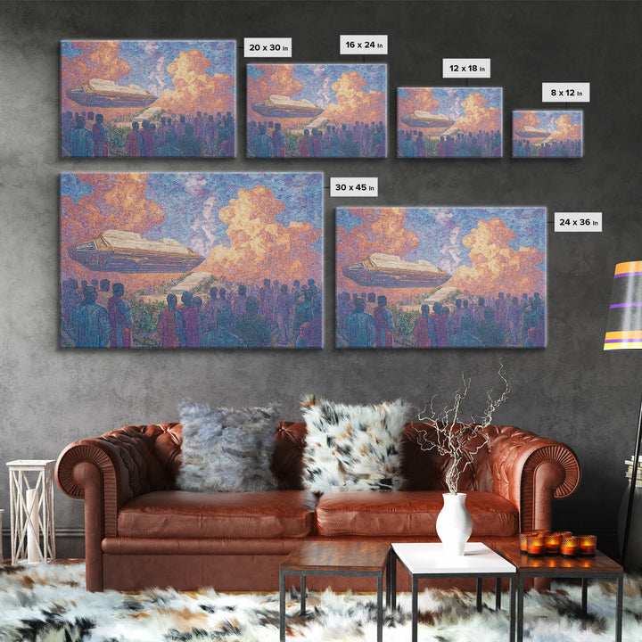 Afrofuturist Airship Above African Crowd Wall Art, Sci Fi Canvas Print, Black Culture Art, Bold Home Decor, Unique Gift For Him