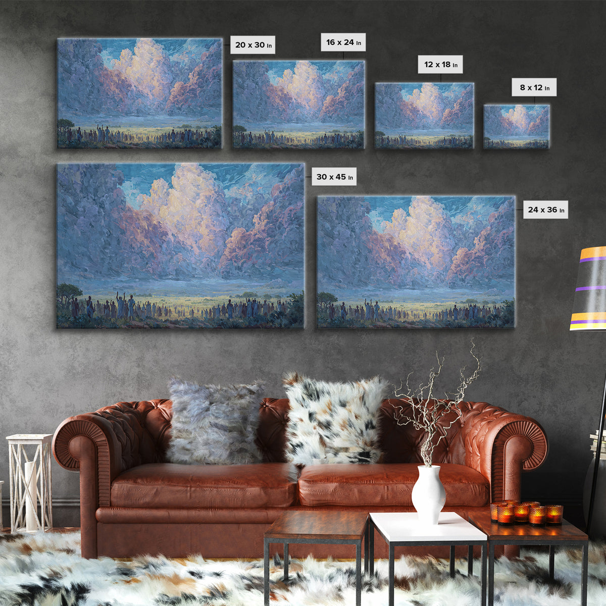 Blue Dawn Clouds Over African Gathering Wall Art, Modern African Art Canvas Print, Cultural Wall Decor, Meaningful Gift For Her