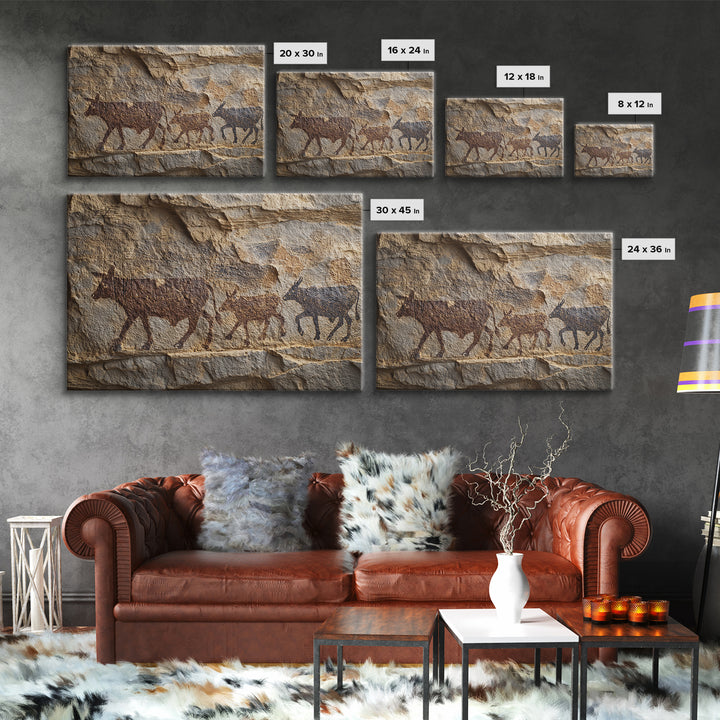 Stone Wall Herd Rock Painting Framed Canvas Print, African Animal Art, Rustic Tribal Art Decor, Cultural Home Decor Gift