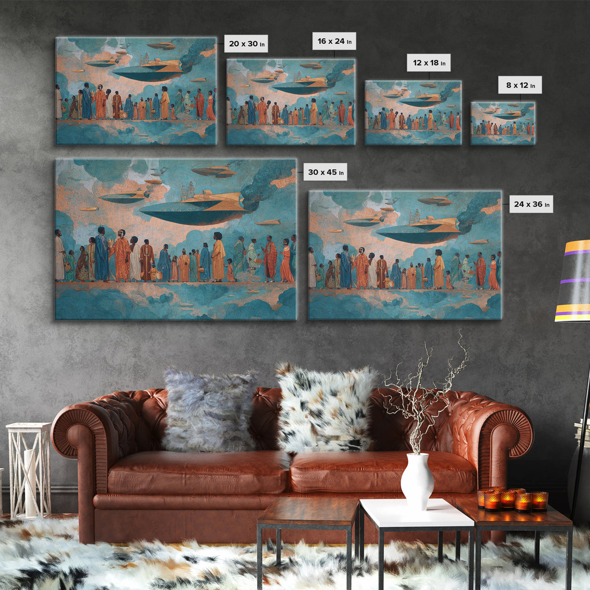 Afrofuturist Sky Procession Wall Art, Modern African Art, Black Culture Art Print, Teal Orange Contemporary Home Decor Gift