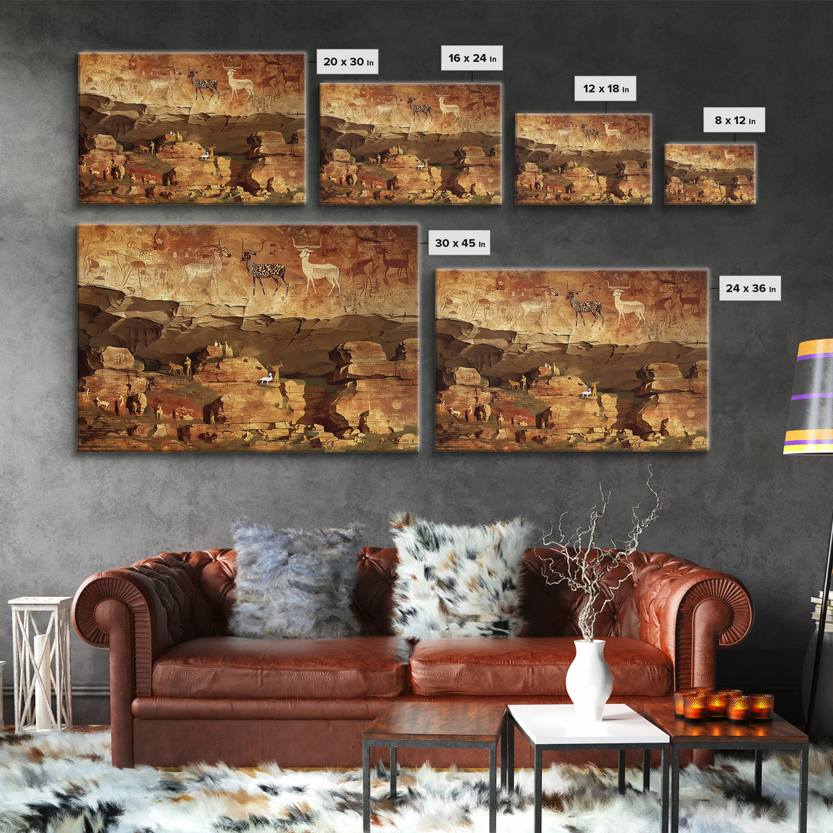Ancient Canyon Cattle Cave Scene Canvas Print, African Safari Art, Tribal Rock Painting, Earth Tone Cultural Wall Decor Gift
