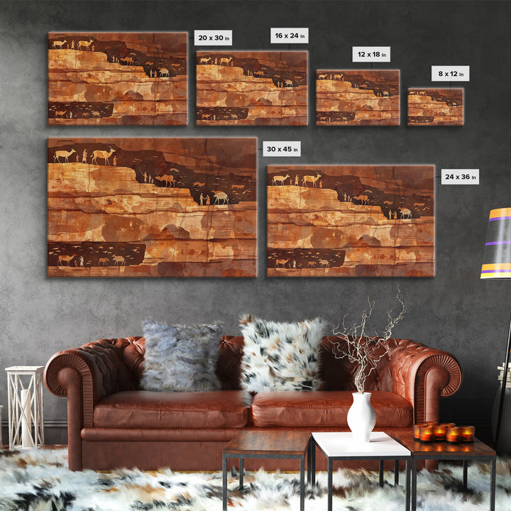 Desert Cliff Hunters And Antelope Wall Art, Ancient African Art Print, Terracotta Safari Decor, Rustic Cultural Wall Decor