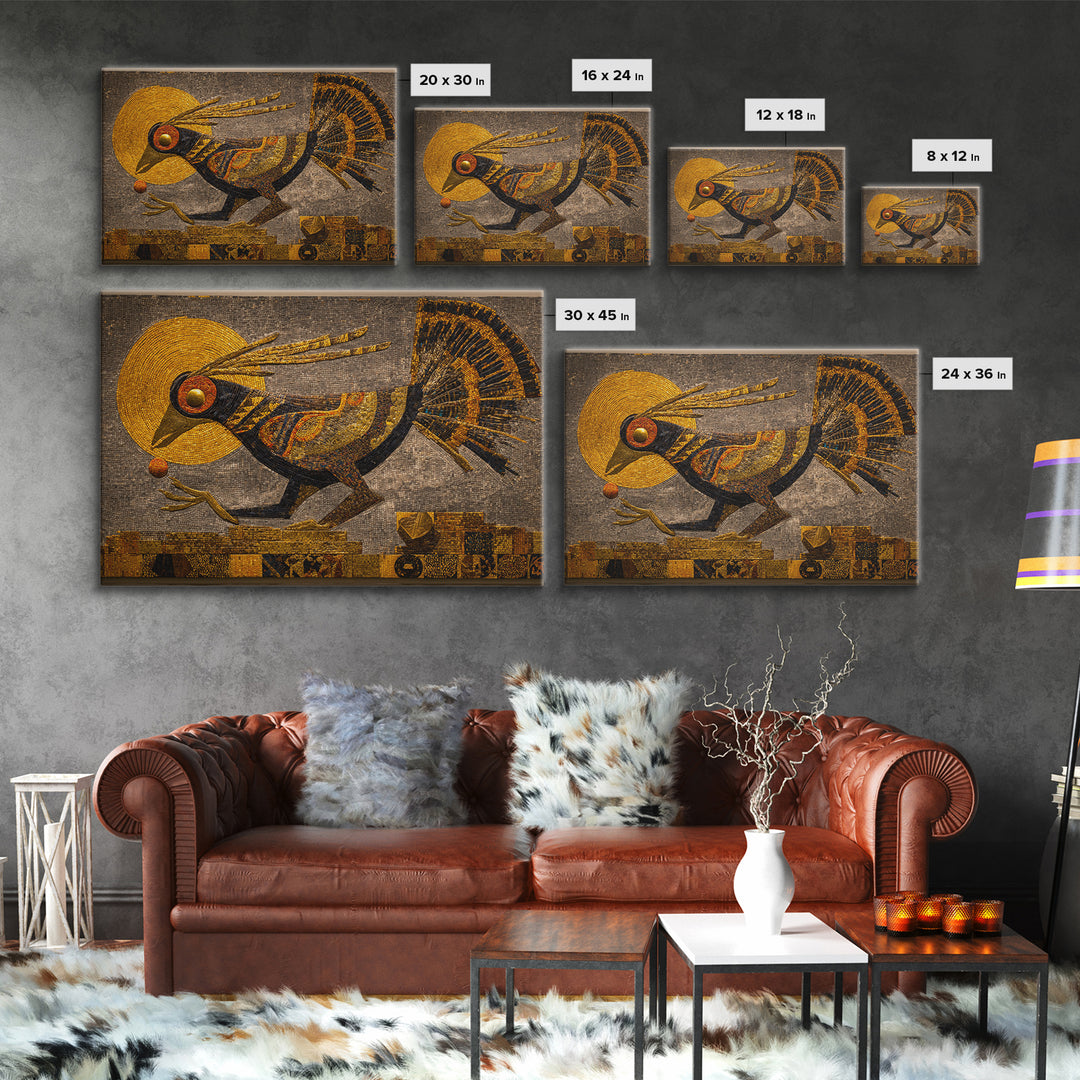 Golden Tribal Bird With Sun Wall Art, African Inspired Mosaic Canvas, Afrocentric Decor, Ethnic Pattern, Luxury Home Decor Gift