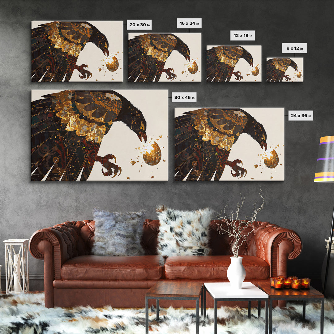 Golden Falcon Breaking Egg Canvas Print, Mythic Bird Wall Art, African Inspired Decor, Bold Contemporary Art, Unique Home Decor