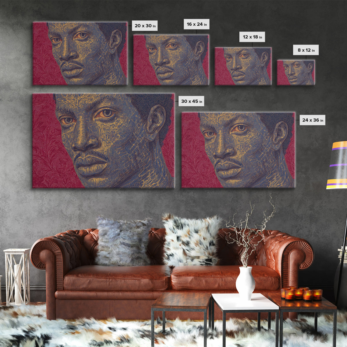 Gold Line Black Man Portrait Wall Art, African American Art, Modern Portrait Art, Magenta Background, Bold Home Decor Gift